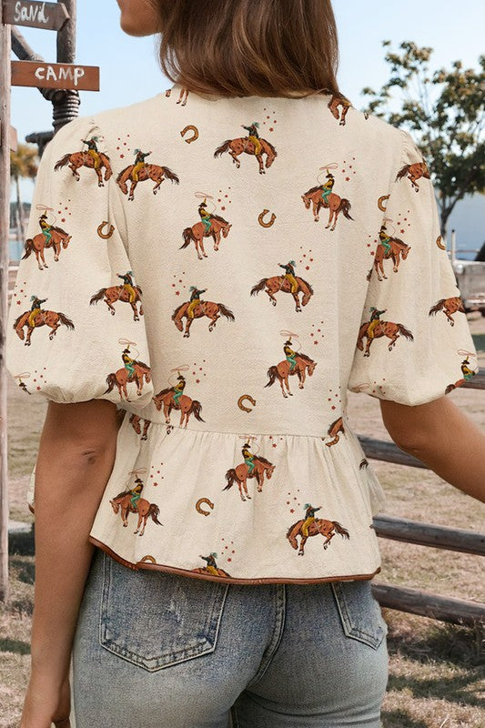 Cowboy Print Puff Sleeve