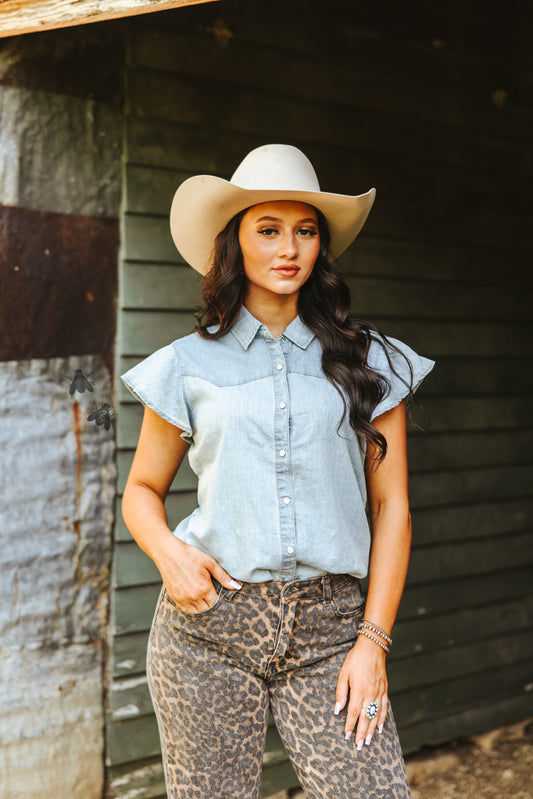 Dainty Denim Light Button Up Blouse