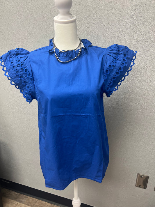 Circle Trim Ruffle Top-Blue