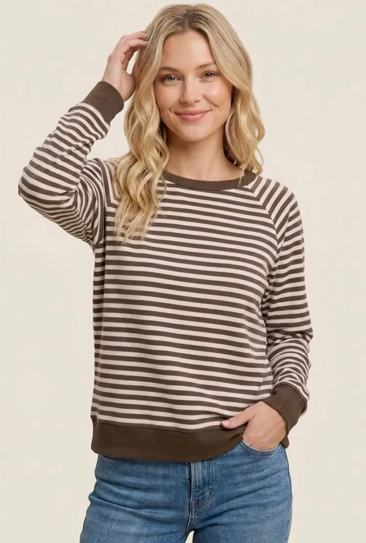Micro Brushed Stripe Top Mocha/Cream