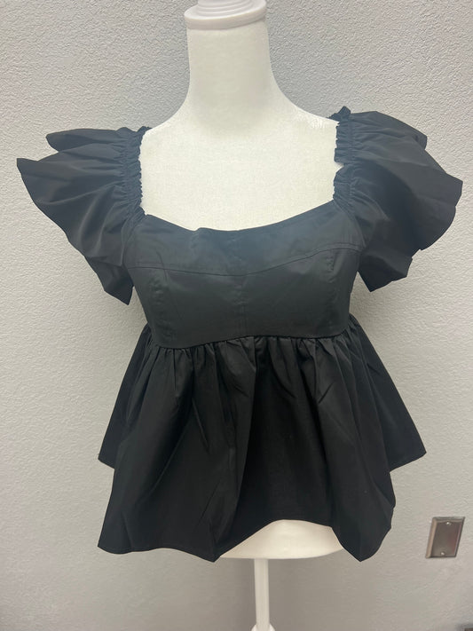 Ruffle Sleeve Top-Black